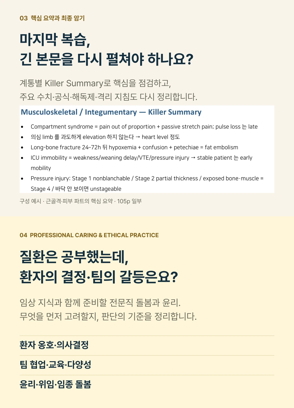 계통별 요약과 최종 암기로 다시 점검하세요. 본문 105쪽 요약 예시. 전문직 돌봄과 윤리의 시험 포인트도 함께 정리합니다.