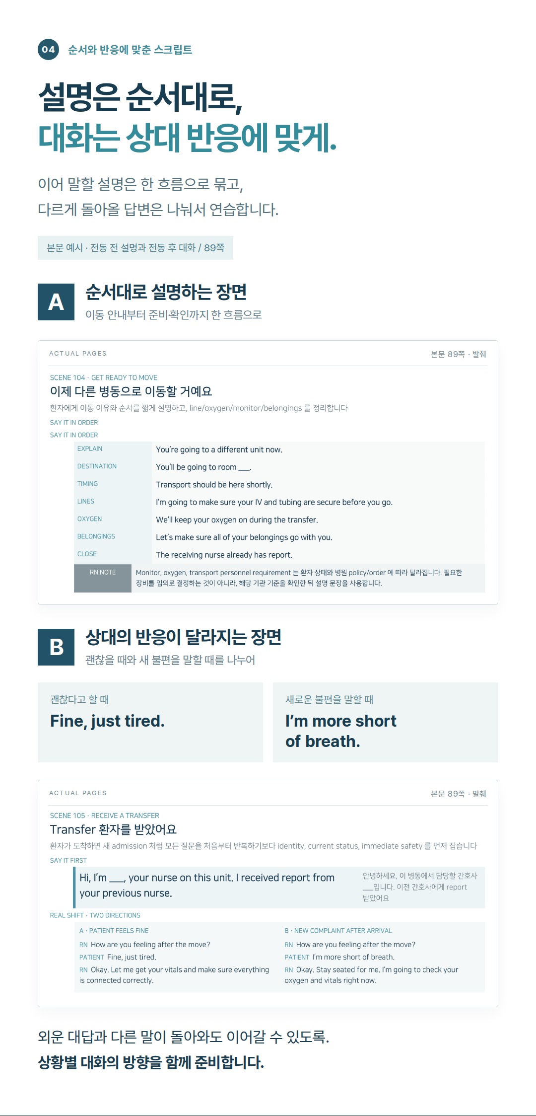 순서대로 설명하고, 환자의 서로 다른 반응에도 답하는 연습