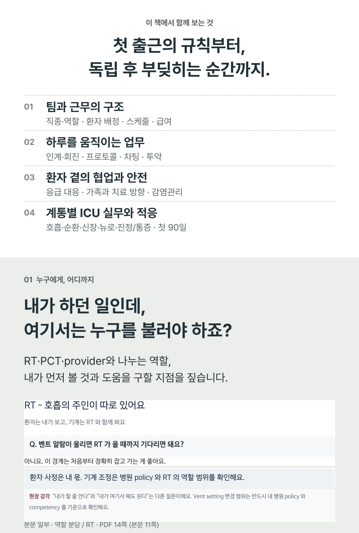 미국 ICU의 역할과 근무 체계, 12시간 근무 흐름, 기록과 의사소통, 임상 상황과 첫 90일까지. RT와 RN의 업무 경계를 살펴보는 실제 본문 예시.