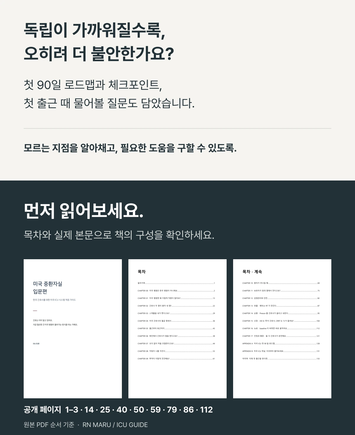 첫 90일의 적응을 차근차근 준비하세요. 미국 중환자실 입문편 127페이지. 먼저 읽어볼 11쪽: 1–3, 14, 25, 40, 50, 59, 79, 86, 112쪽.
