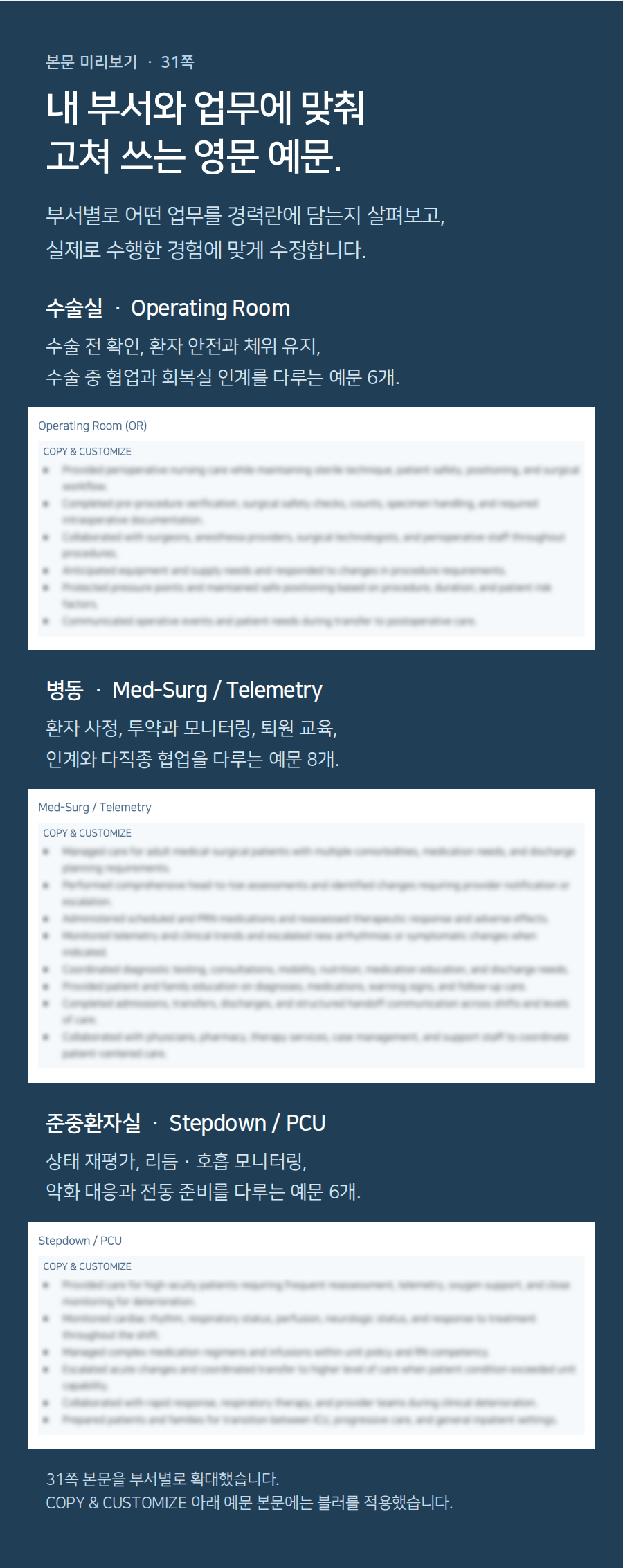 31쪽 본문 확대: OR 예문 6개, Med-Surg/Telemetry 예문 8개, Stepdown/PCU 예문 6개. COPY & CUSTOMIZE 아래 예문 본문만 블러 처리했습니다.
