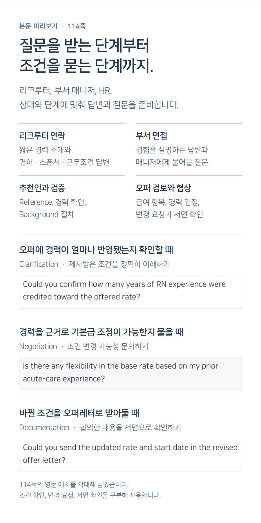 리크루터 연락, 부서 면접, 추천인과 검증, 오퍼 검토와 협상. 114쪽의 조건 확인, 변경 요청, 서면 확인 영문 예시를 확대했습니다.
